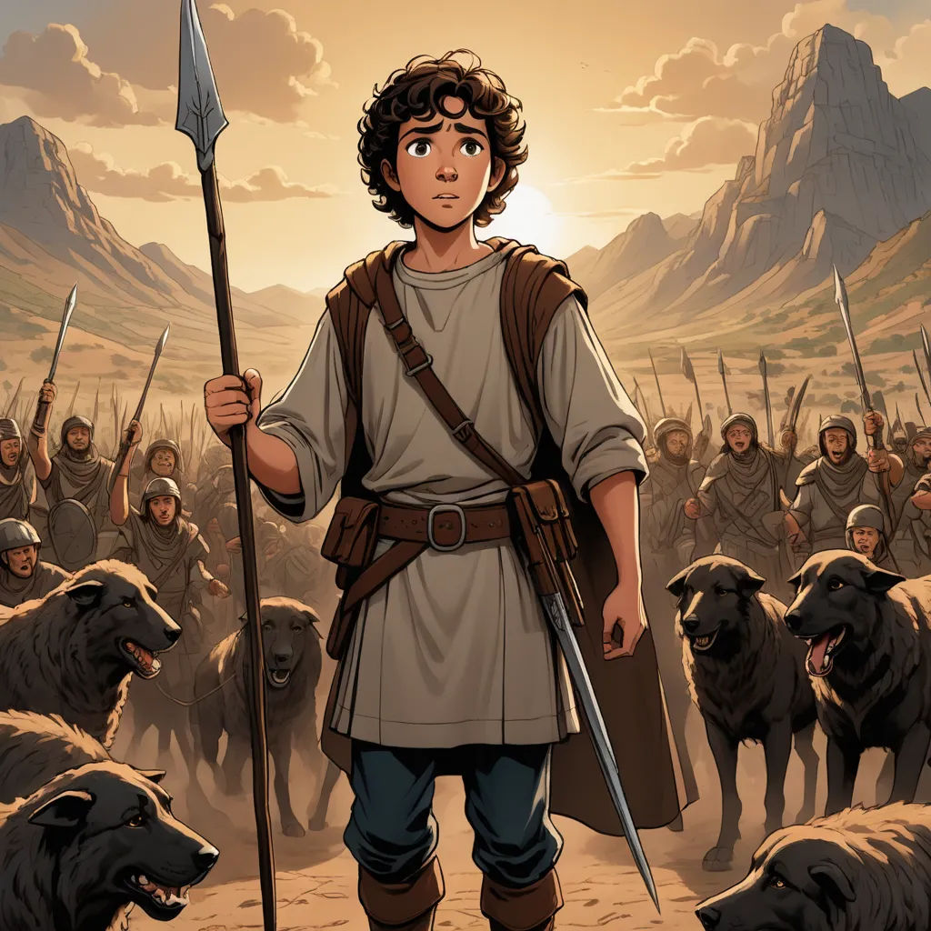 a man with a spear standing in front of a herd of sheep and dogs in a desert area with mountains in the background, furry art, a character portrait, Diego Gisbert Llorens, comic cover art