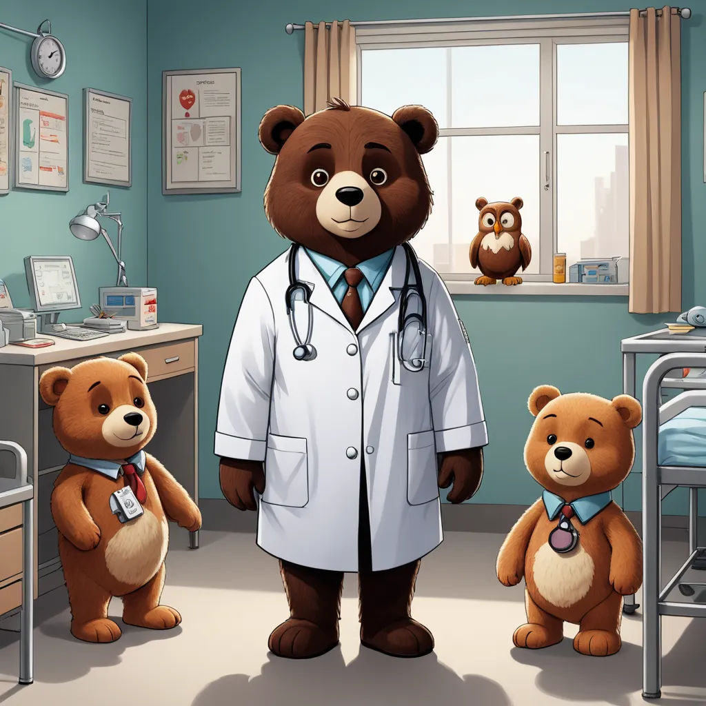 a doctor bear standing in a hospital with two teddy bears in the room behind him and a teddy bear sitting on the bed, sots art, a character portrait, Dr. Atl, promotional image