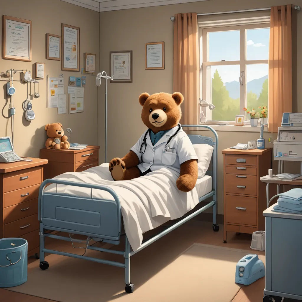 a teddy bear sitting on a hospital bed in a room with a window and a medical equipment on the floor, neoplasticism, a storybook illustration, Chris LaBrooy, promotional image