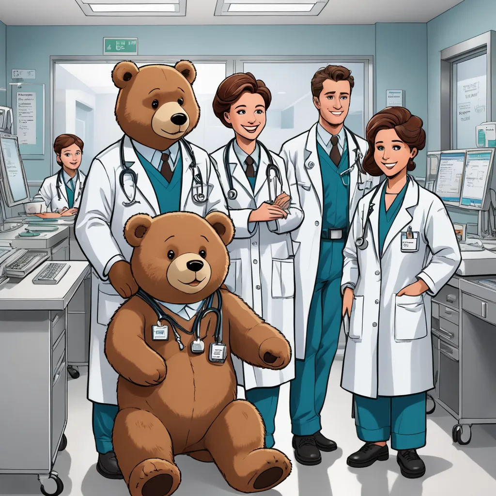 a group of doctors standing around a teddy bear in a hospital room with a doctor and nurse staff in the background, remodernism, a digital rendering, Florence Engelbach, promotional image