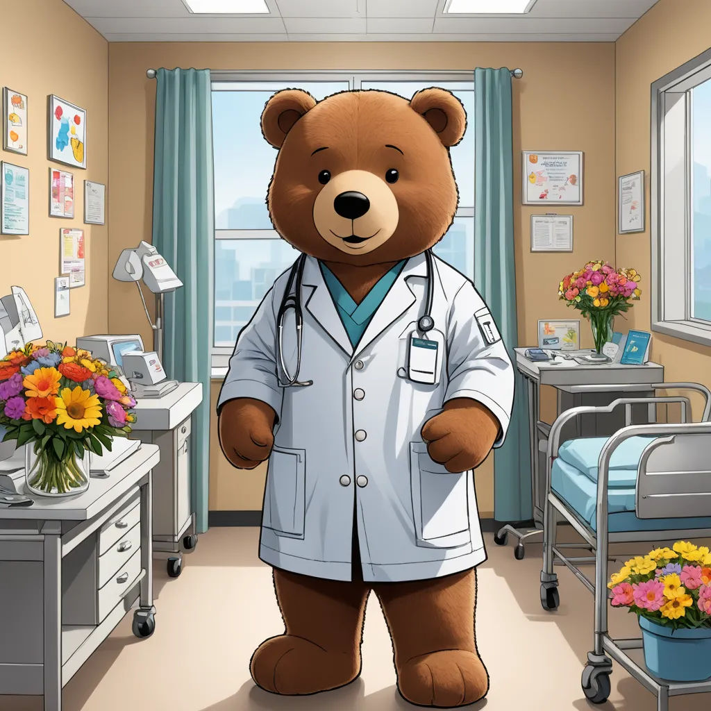 a teddy bear dressed in a doctor's coat in a hospital room with flowers and a bed in the background, sots art, a character portrait, Dr. Atl, official art