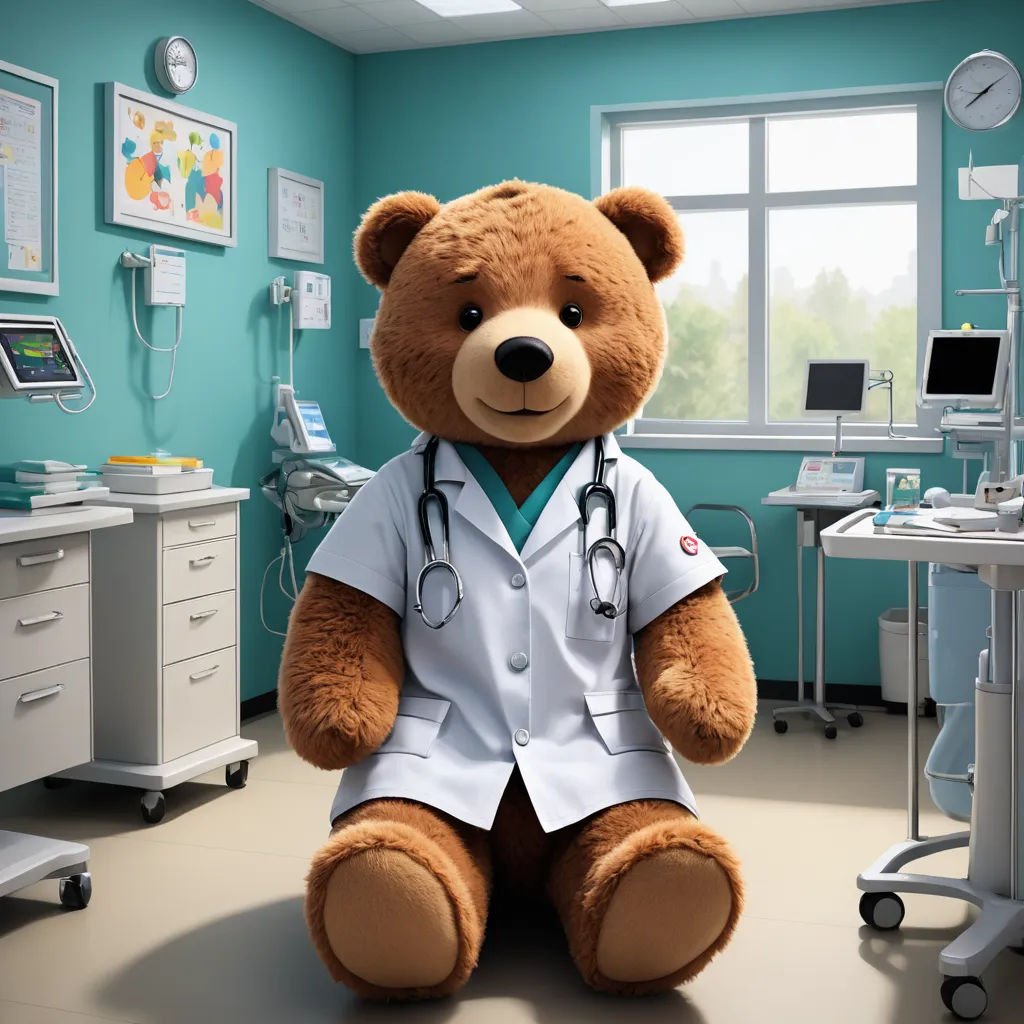 a teddy bear dressed in a doctor's uniform sitting in a hospital room with a monitor and medical equipment, neoplasticism, a computer rendering, Dr. Atl, unreal engine 5 quality render