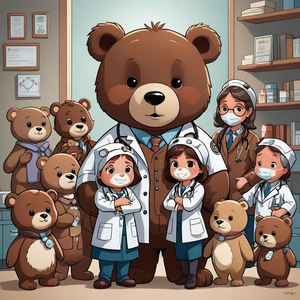 a group of doctors and their teddy bears in a room with shelves of books and a teddy bear wearing a mask, neoplasticism, a storybook illustration, Diego Gisbert Llorens, official art