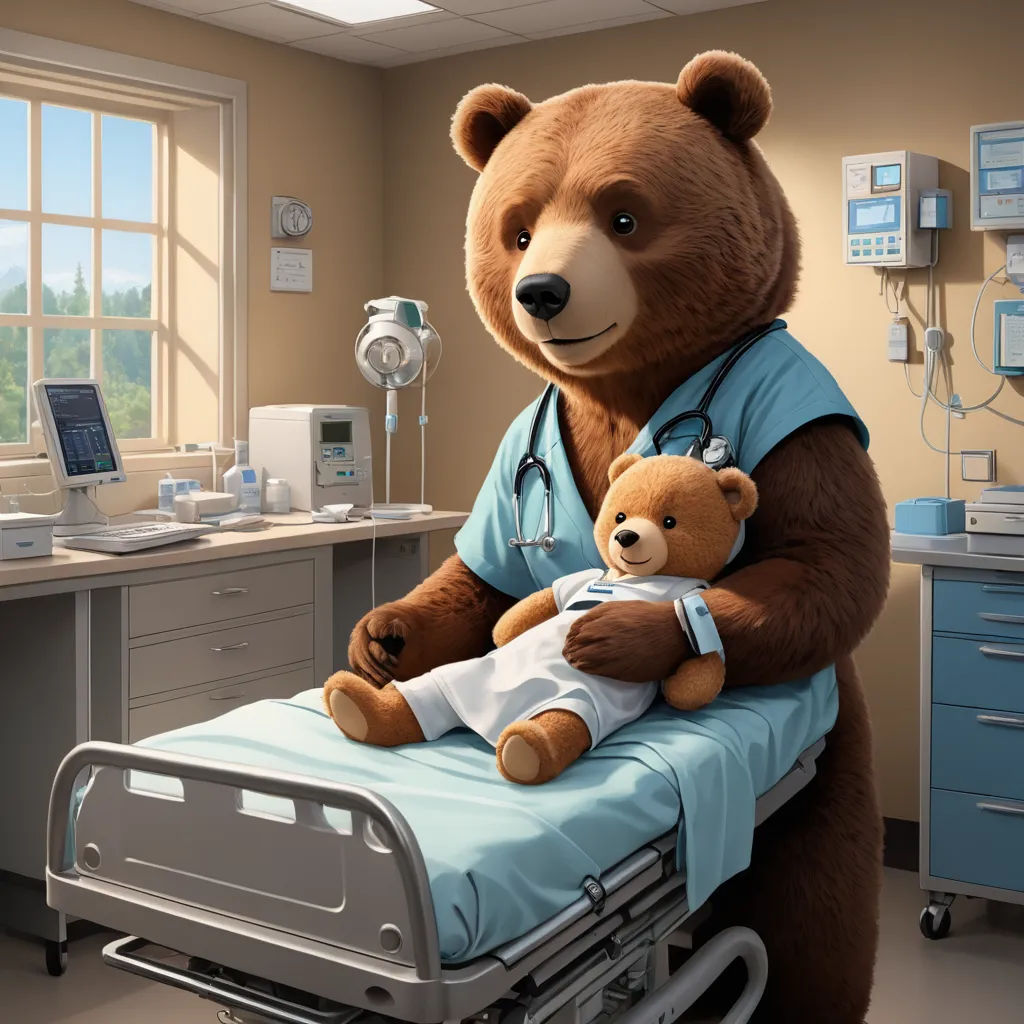 a large teddy bear is holding a baby in a hospital bed with a teddy bear on it's lap, american realism, a storybook illustration, Chris LaBrooy, promotional image