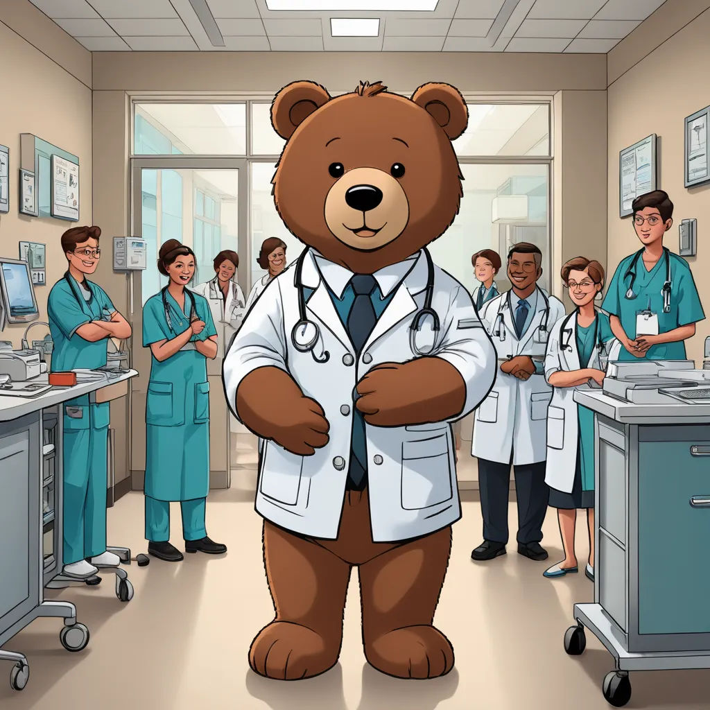 a cartoon of a teddy bear in a doctors office with a group of doctors in the background standing in front of a hospital, neoplasticism, a storybook illustration, Dr. Atl, promotional image