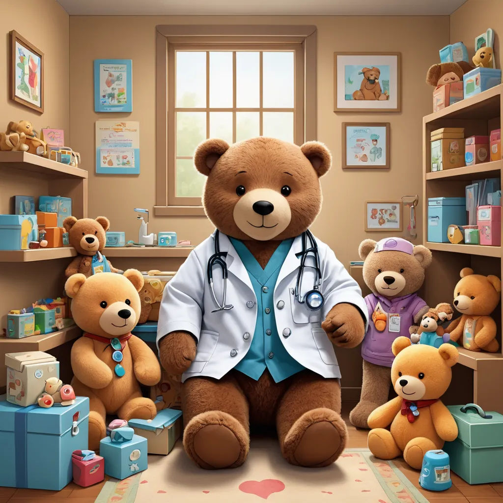 a teddy bear dressed as a doctor surrounded by other teddy bears in a room with a window and a rug, neoplasticism, a storybook illustration, Dr. Atl, highly detailed digital painting