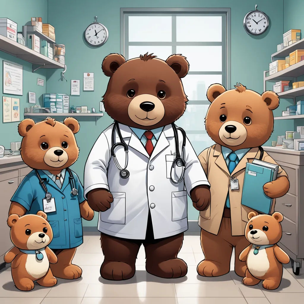 a doctor and three bears in a room with shelves of medical supplies and clocks on the wall behind them, neoplasticism, a stock photo, Diego Gisbert Llorens, promotional image