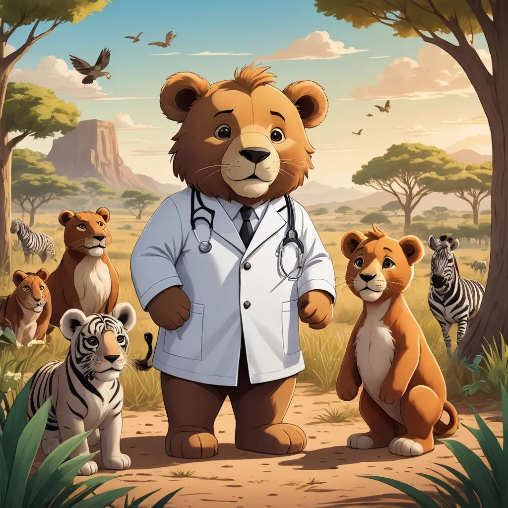 a cartoon bear with a stethoscope standing in front of a group of tigers and a tiger, sots art, a storybook illustration, Chris LaBrooy, promotional image