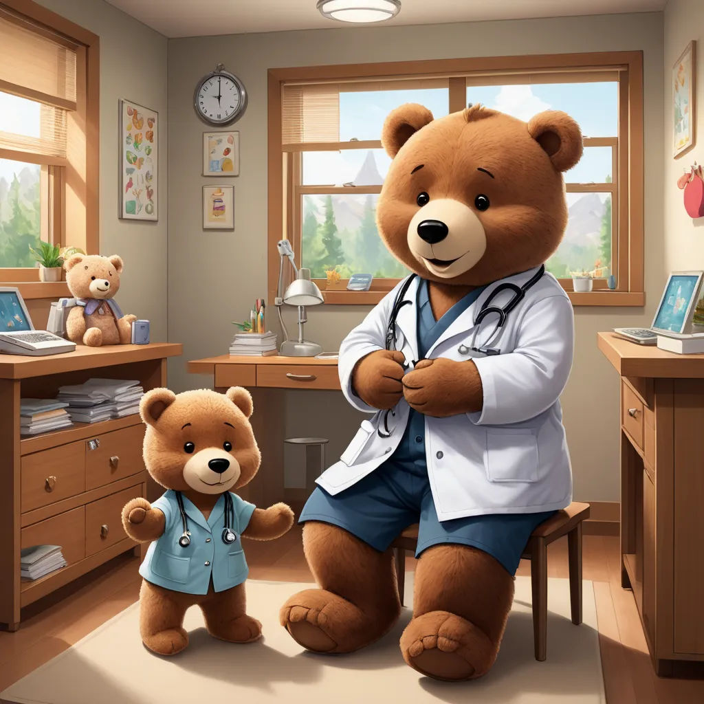 a teddy bear and a teddy bear dressed in a doctor's coat in a room with a desk and a laptop, neoplasticism, a storybook illustration, Dr. Atl, promotional image