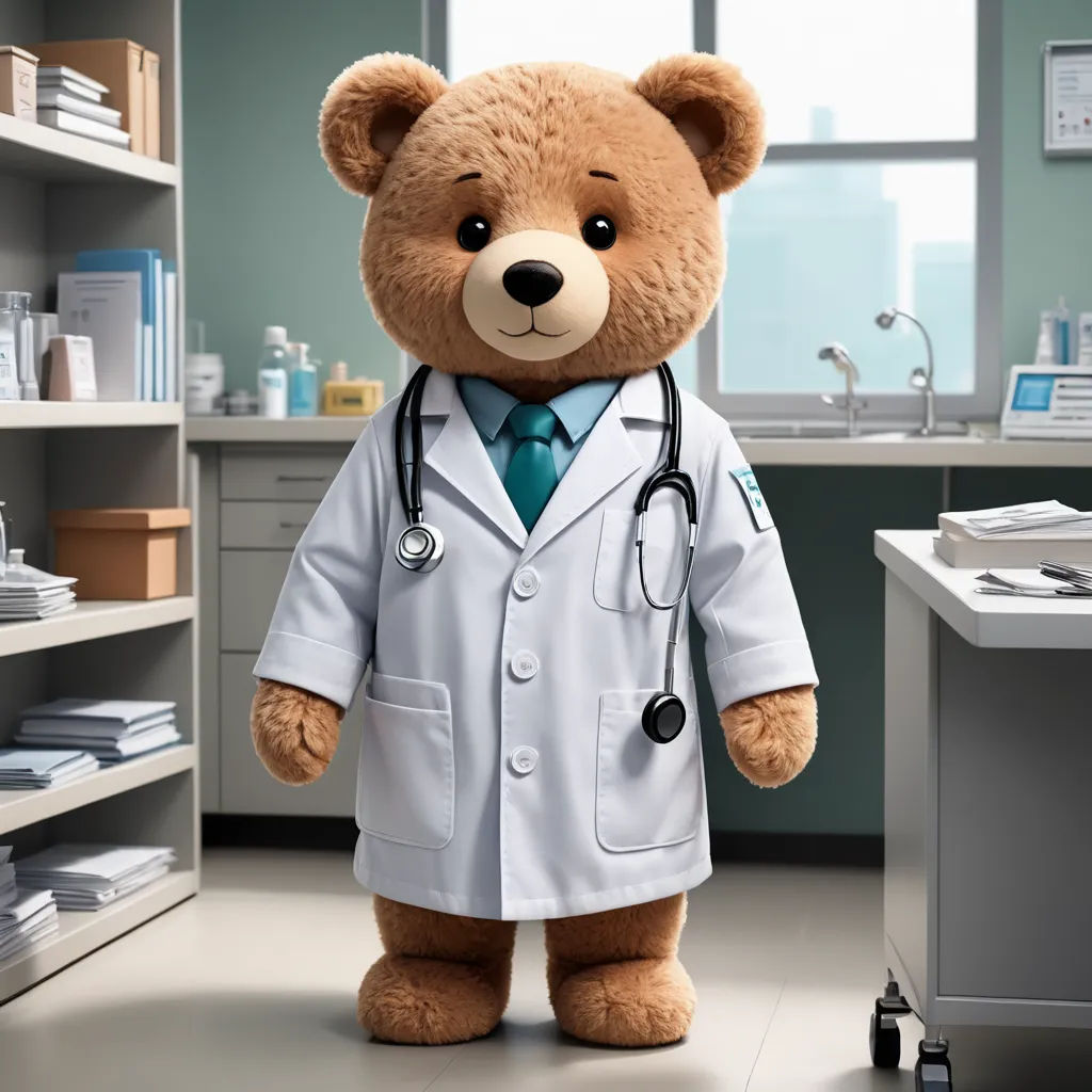 a teddy bear dressed in a doctor's coat and tie standing in a hospital room with a desk and shelves, verdadism, a stock photo, Dr. Atl, promotional image