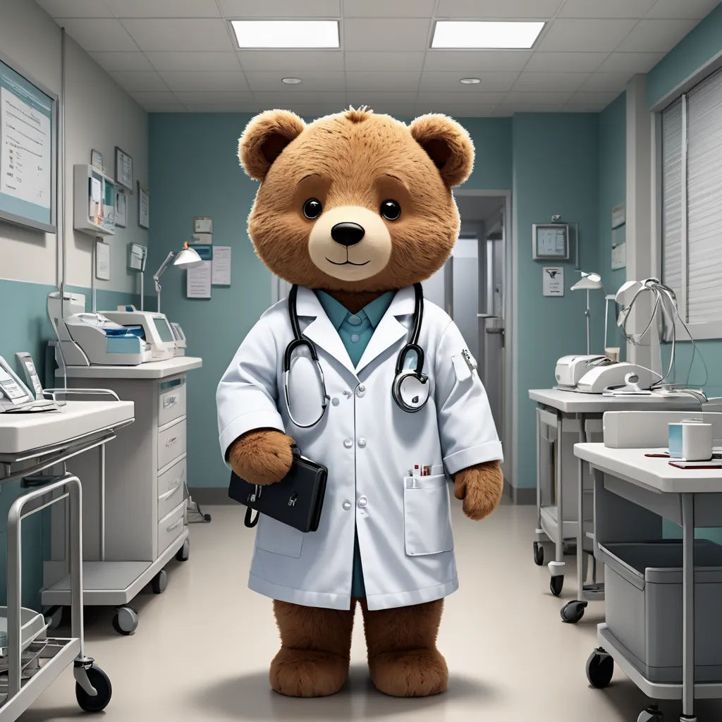a teddy bear dressed in a doctor's coat and holding a stethoscope in a hospital, verdadism, a computer rendering, Dr. Atl, promotional image