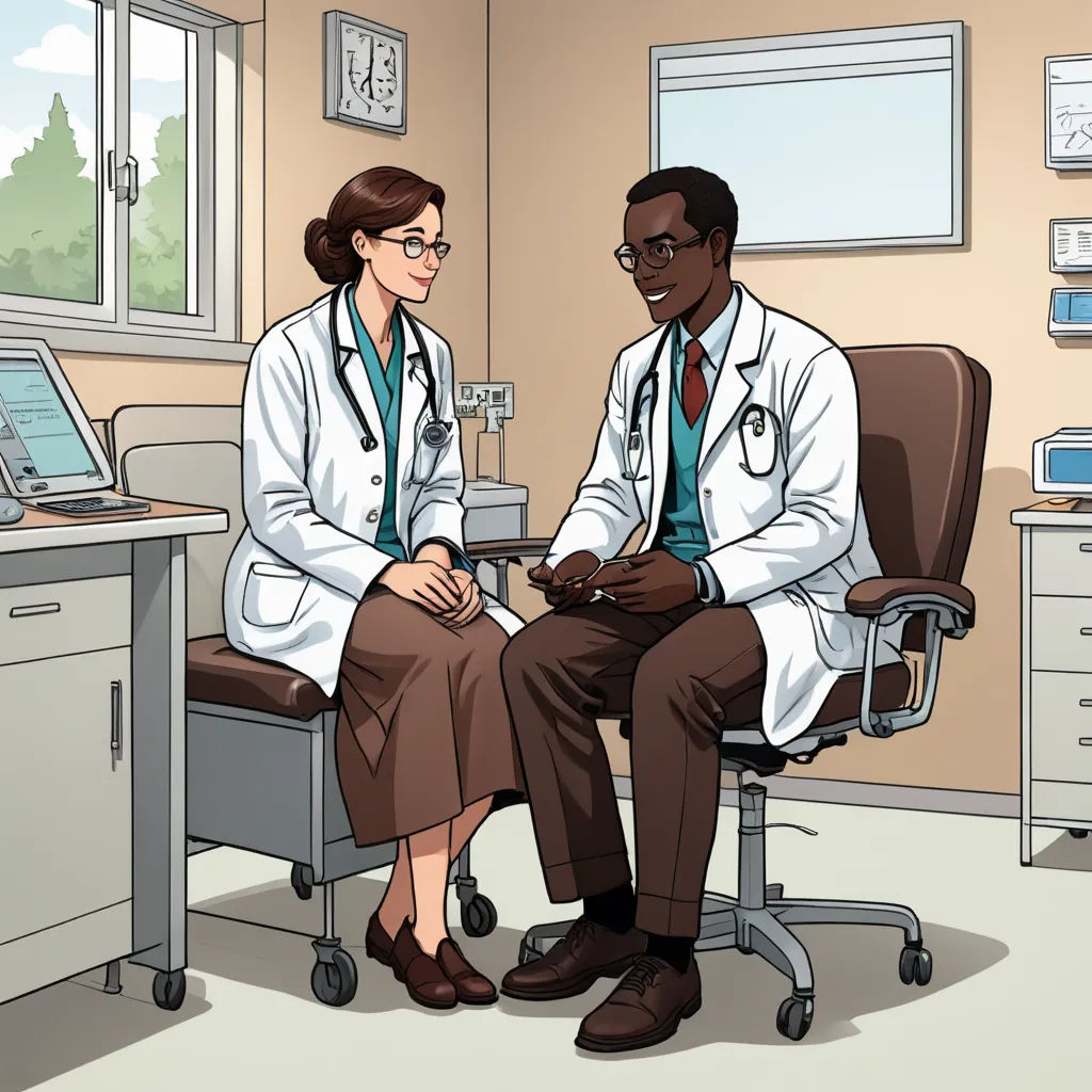 a doctor and a patient sitting in a chair in a room with a desk and a window in the background, remodernism, a stock photo, Doc Hammer, promotional image