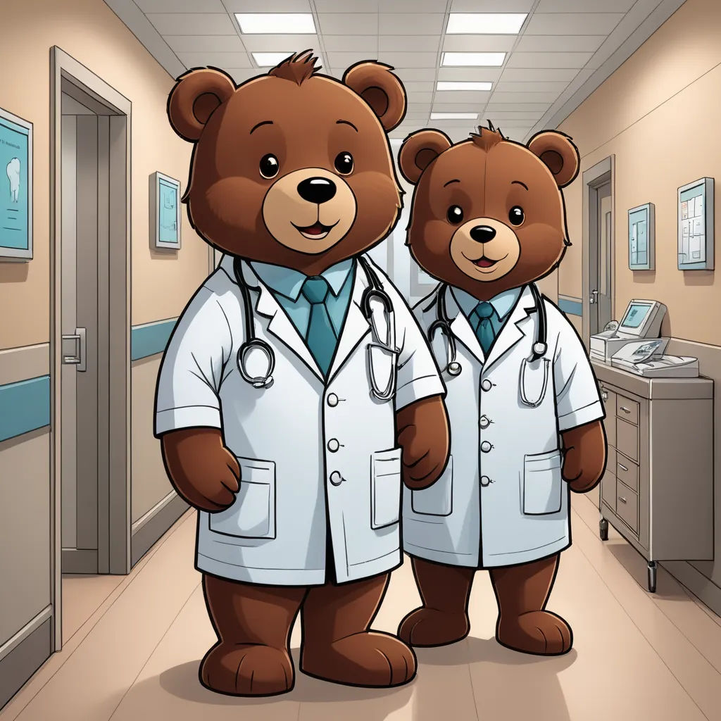 two teddy bears dressed in white coats and blue ties are standing in a hospital hallway with a doctor's coat on, neoplasticism, a stock photo, Diego Gisbert Llorens, promotional image