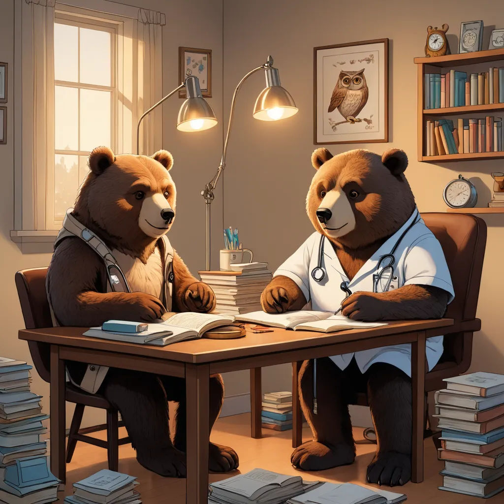 two bears sitting at a desk with books and a lamp on top of it, one reading a book, neoplasticism, a storybook illustration, Dan Mumford, rossdraws global illumination