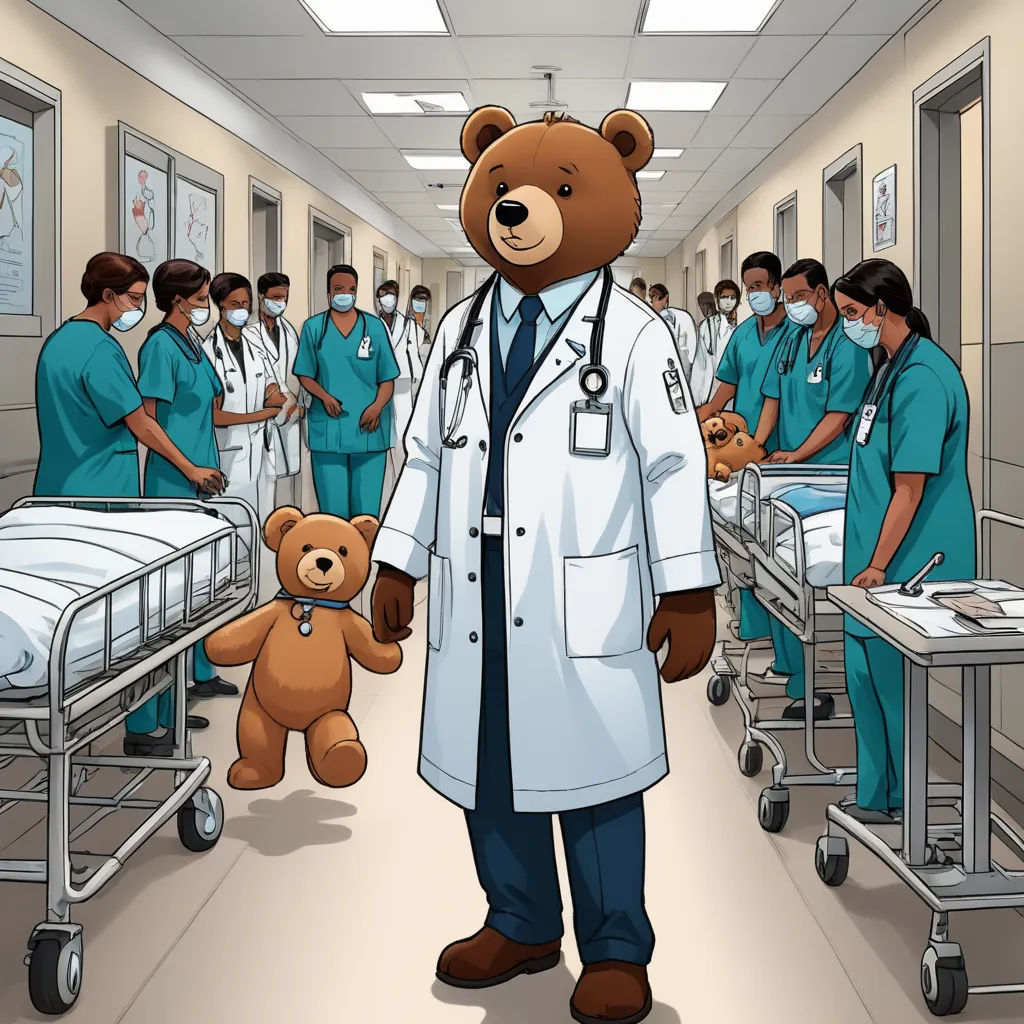 a teddy bear is standing in a hospital with a teddy bear in the foreground and a group of doctors in the background, neoplasticism, a storybook illustration, Dr. Atl, promotional image