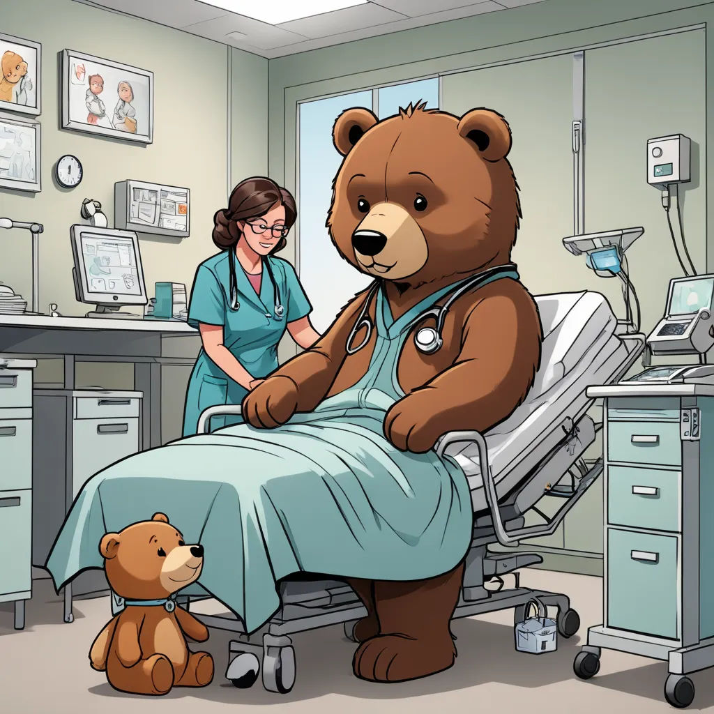a woman in a hospital bed with a teddy bear and a teddy bear sitting on a bed in front of her, furry art, a storybook illustration, F Scott Hess, storybook illustration
