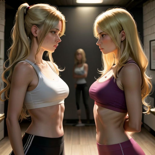 two women in a room with a mirror and a woman in the background looking at each other with a serious look on their faces