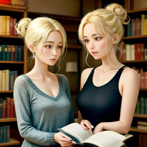 two women standing next to each other in front of a book shelf with books on it and one holding a book