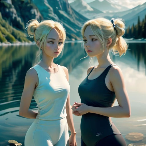 two women standing next to each other near a lake with mountains in the background and a mountain range in the background