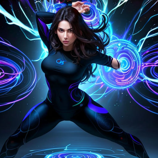 a woman in a futuristic outfit is dancing with her arms outstretched and her hands behind her head, with a blue and purple swirl background