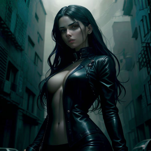 a woman in a leather outfit standing in a alleyway with a gun in her hand and a gun in her other hand