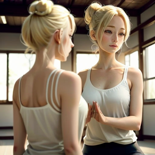 a woman sitting in a yoga position with her hands together in a yoga pose with another woman standing behind her