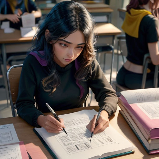 a girl is sitting at a desk with a book and pen in her hand and looking at the book