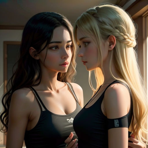 two women standing next to each other in a room with a window and a wall behind them, both wearing bras