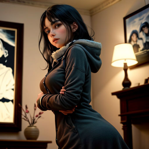 a woman in a dress standing in a room with a painting behind her and a lamp on the side