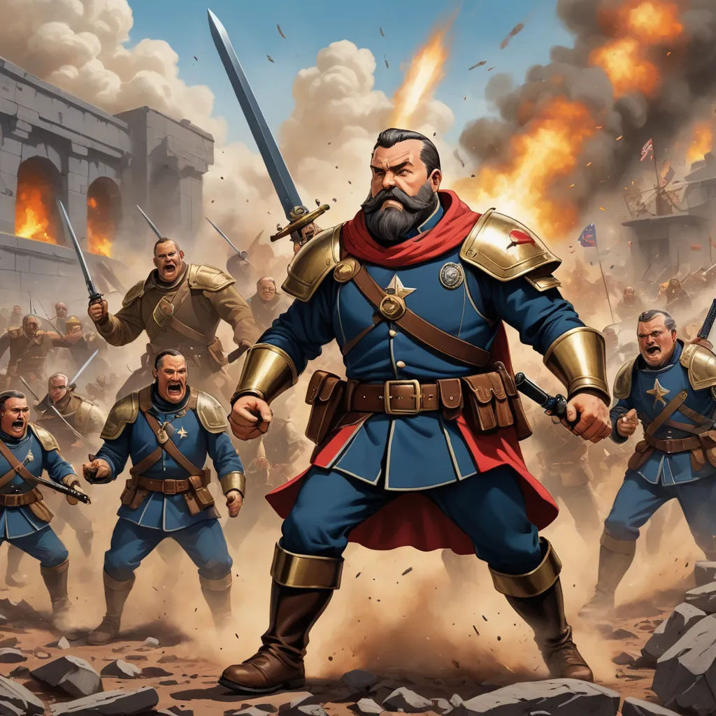 a painting of a group of men in uniforms with swords and armor on a rocky terrain with a building in the background, sots art, concept art, Christophe Vacher, magic the gathering artwork