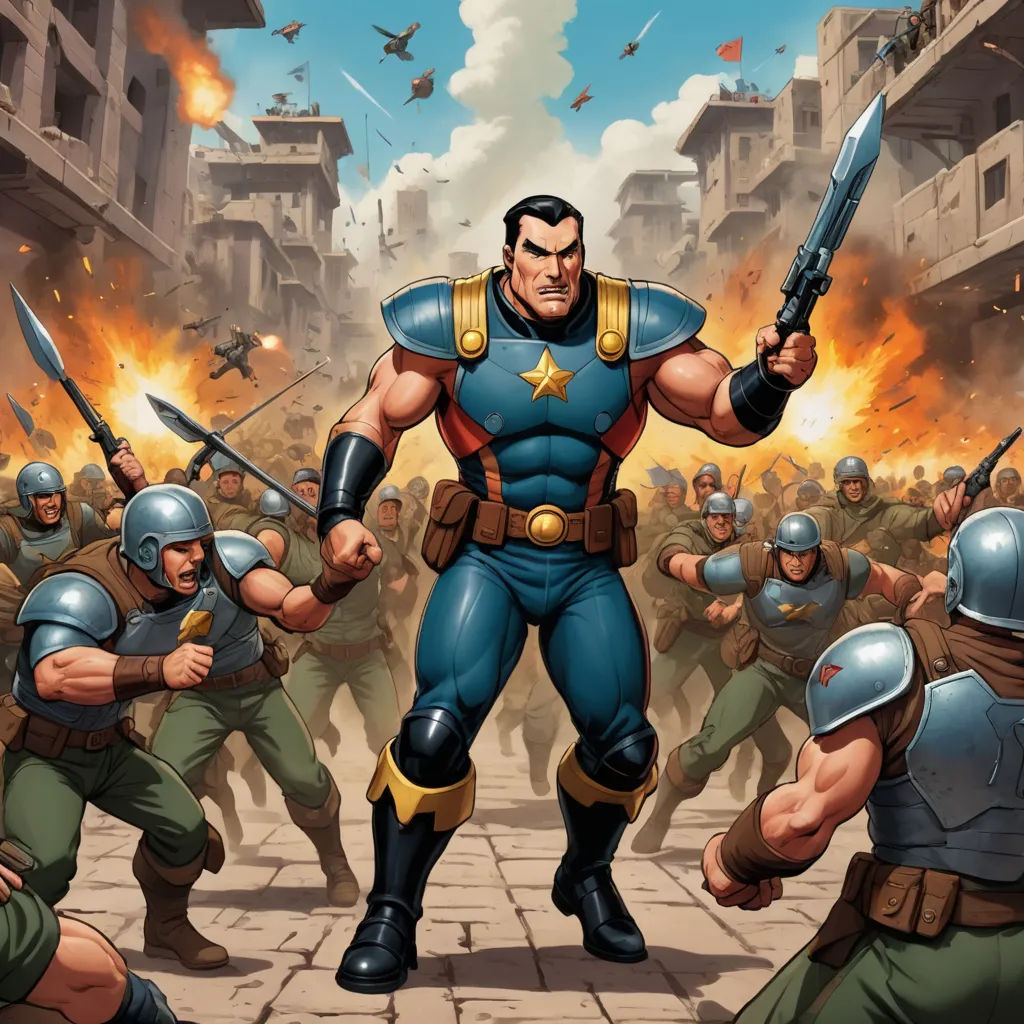 a cartoon of a man holding two guns in front of a group of soldiers in a city street with buildings, antipodeans, a comic book panel, Benjamin Marra, marvel comics