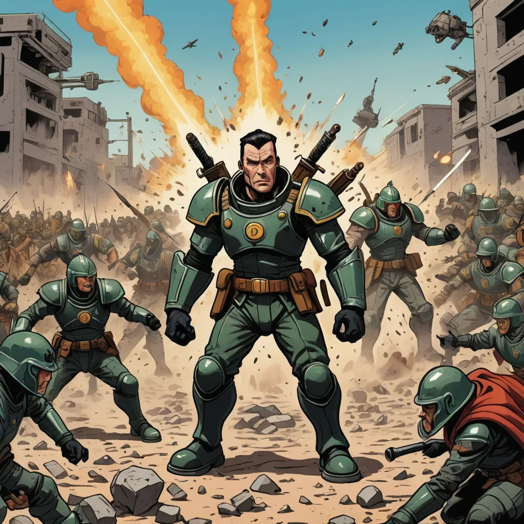 a cartoon of a man surrounded by soldiers and a rocket launcherer in the air with a building in the background, antipodeans, a comic book panel, Benjamin Marra, comic cover art