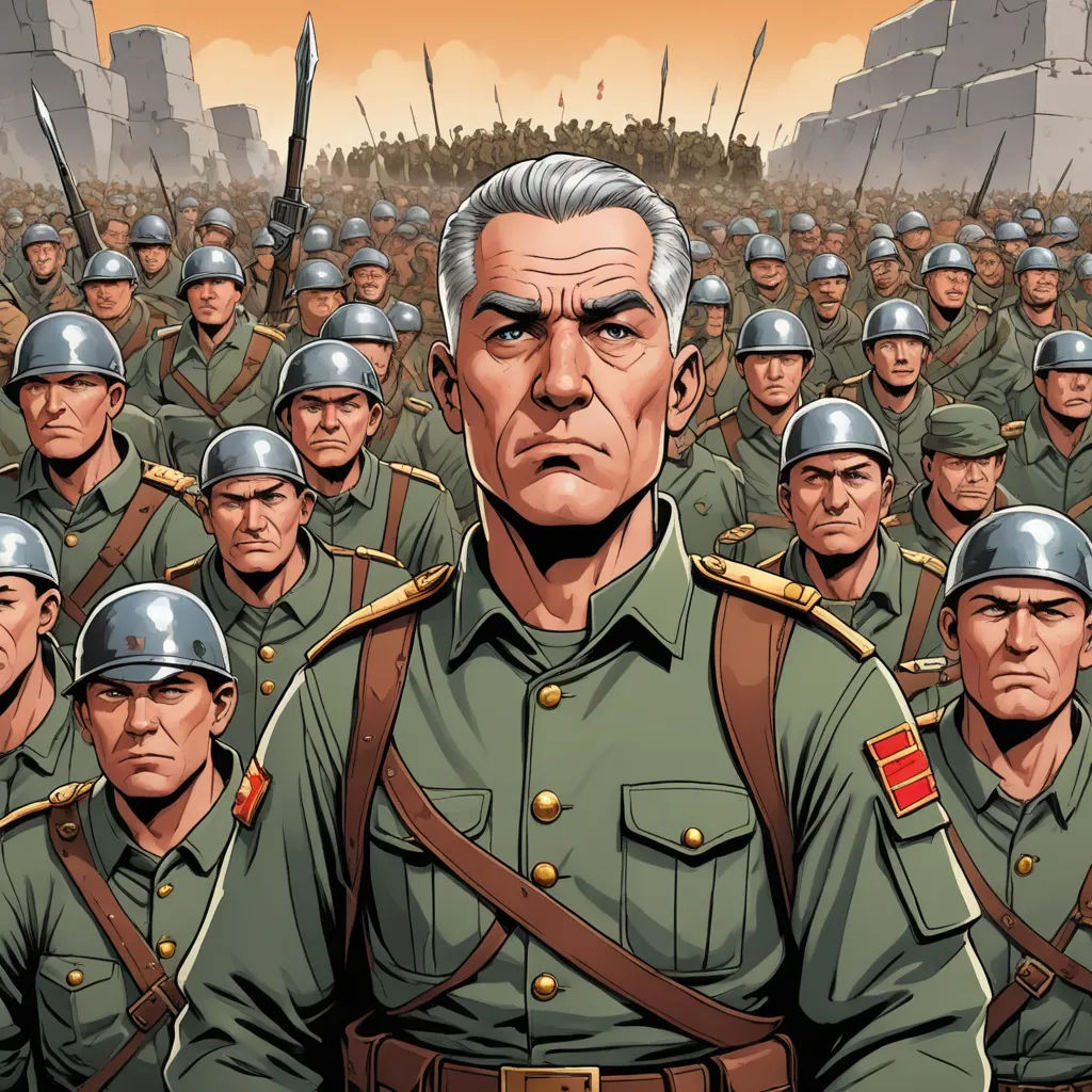 a man in a military uniform surrounded by soldiers in a large group of men in uniform, with a large building in the background, berlin secession, a comic book panel, Diego Gisbert Llorens, western comic book art