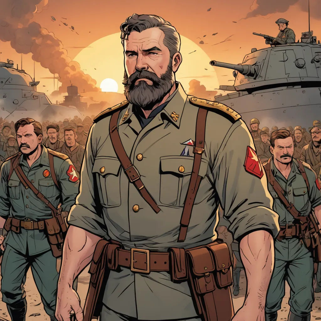 a man in a military uniform standing in front of a group of men in uniform with guns and a tank in the background, sots art, a comic book panel, Diego Gisbert Llorens, official art