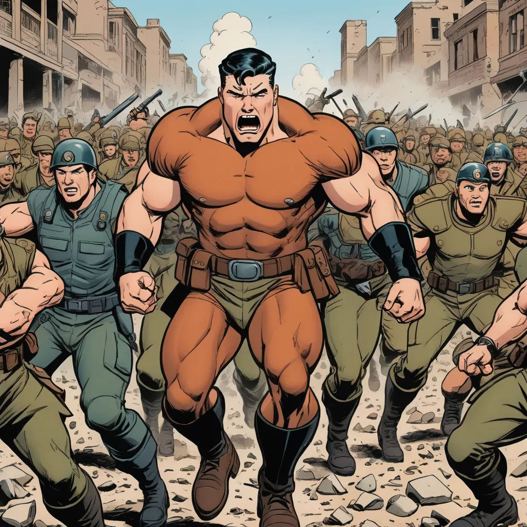 a cartoon of a man surrounded by soldiers in a city street with buildings in the background and a man with a gun in his hand, antipodeans, a comic book panel, Benjamin Marra, comic cover art