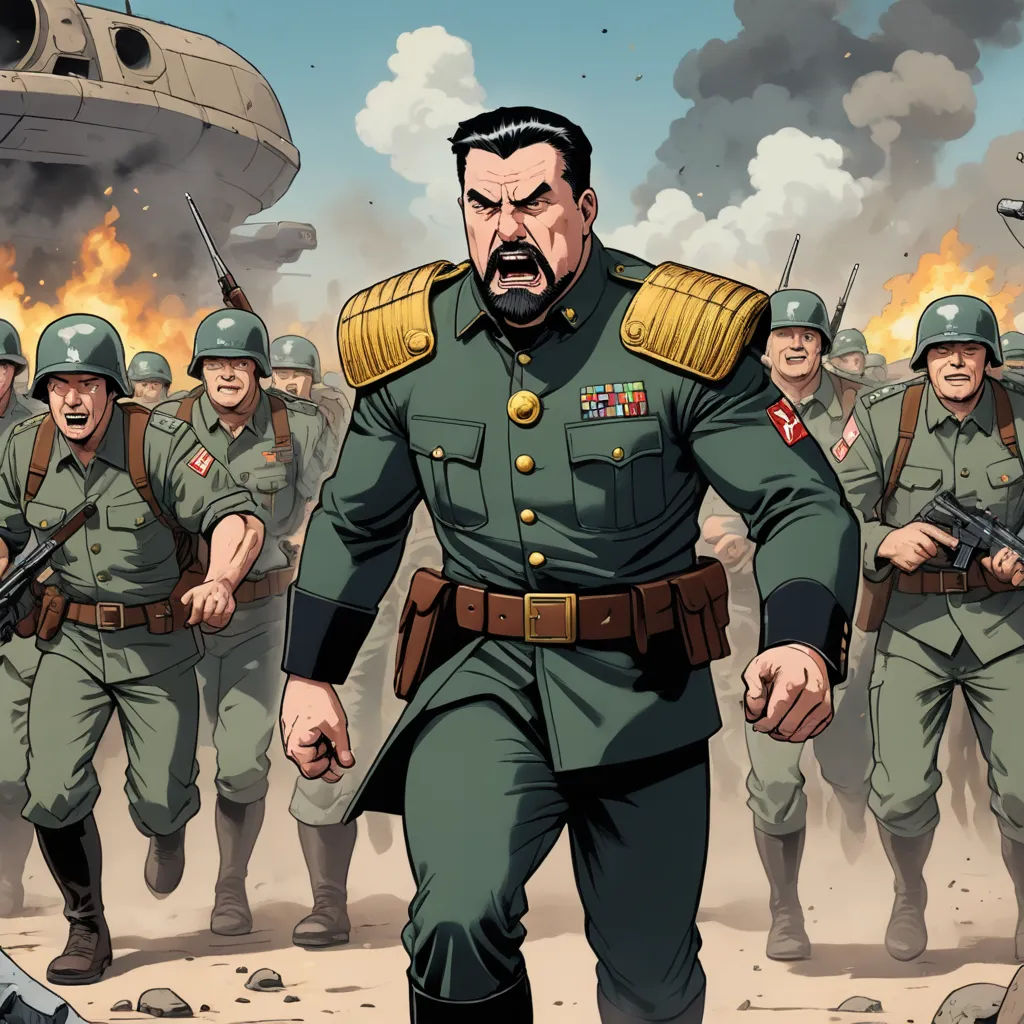 a cartoon of a man in a military uniform walking in front of a group of soldiers with guns in hand, sots art, a comic book panel, Diego Gisbert Llorens, comic cover art