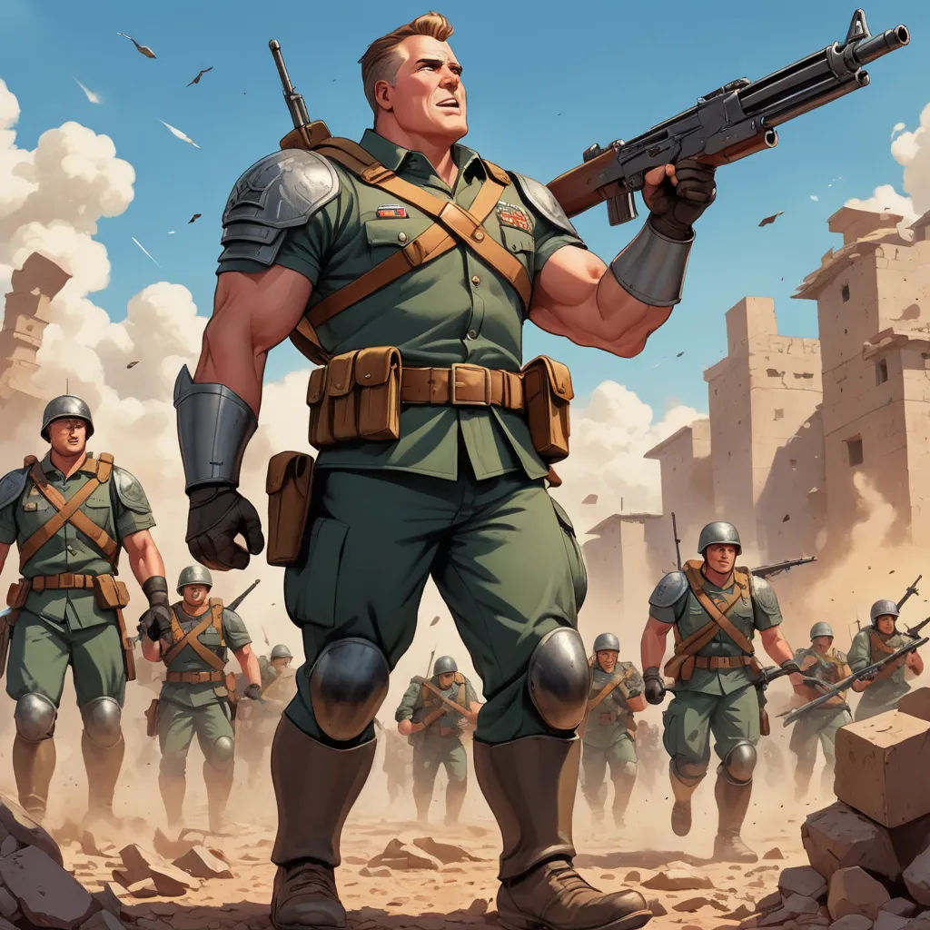 a man in a military uniform holding a gun in front of a group of soldiers in a desert area, sots art, concept art, F Scott Hess, western comic book art