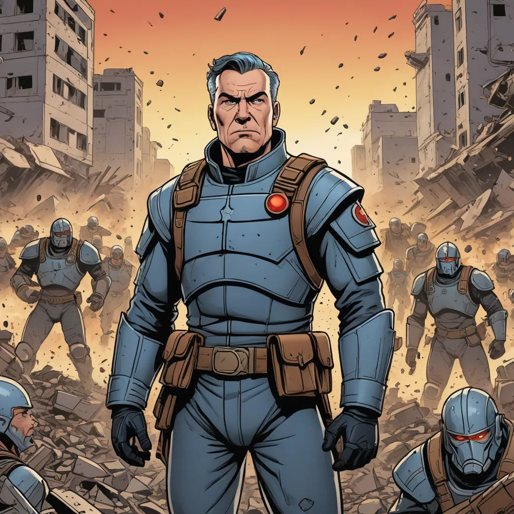 a man in a blue suit standing in front of a group of soldiers in a city with buildings and debris, antipodeans, a character portrait, Benjamin Marra, comic cover art