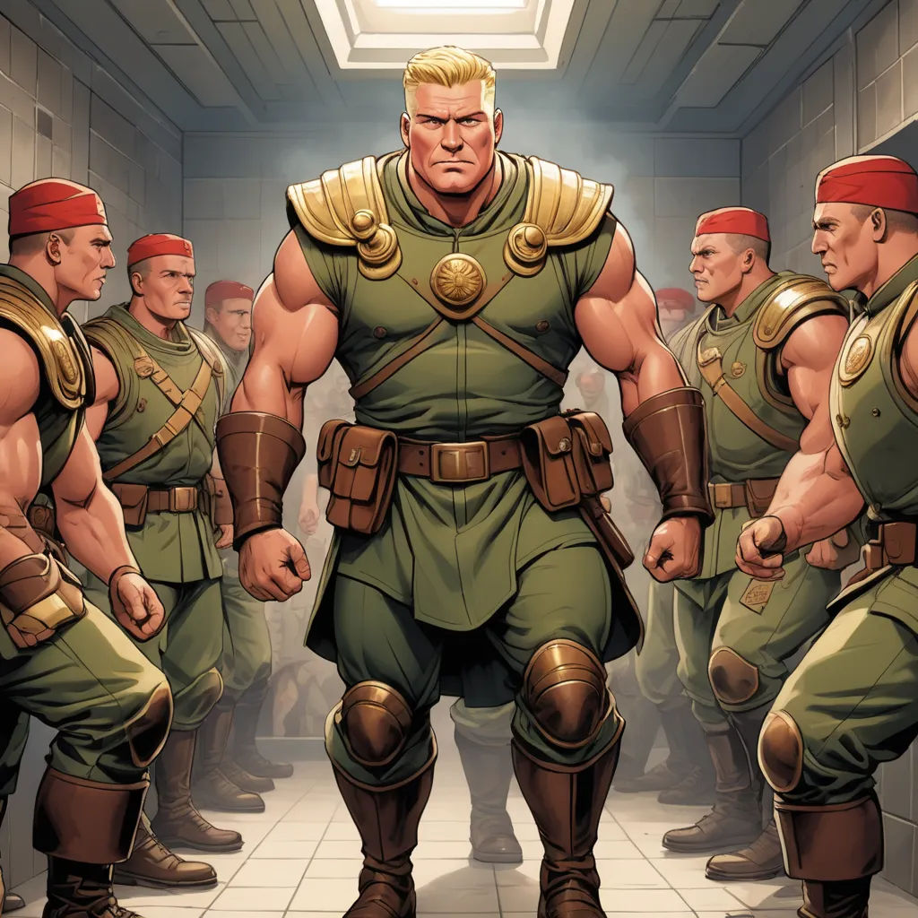 a group of men in military uniforms standing in a hallway with a man in the middle of the room, antipodeans, a comic book panel, Brothers Hildebrandt, marvel comics