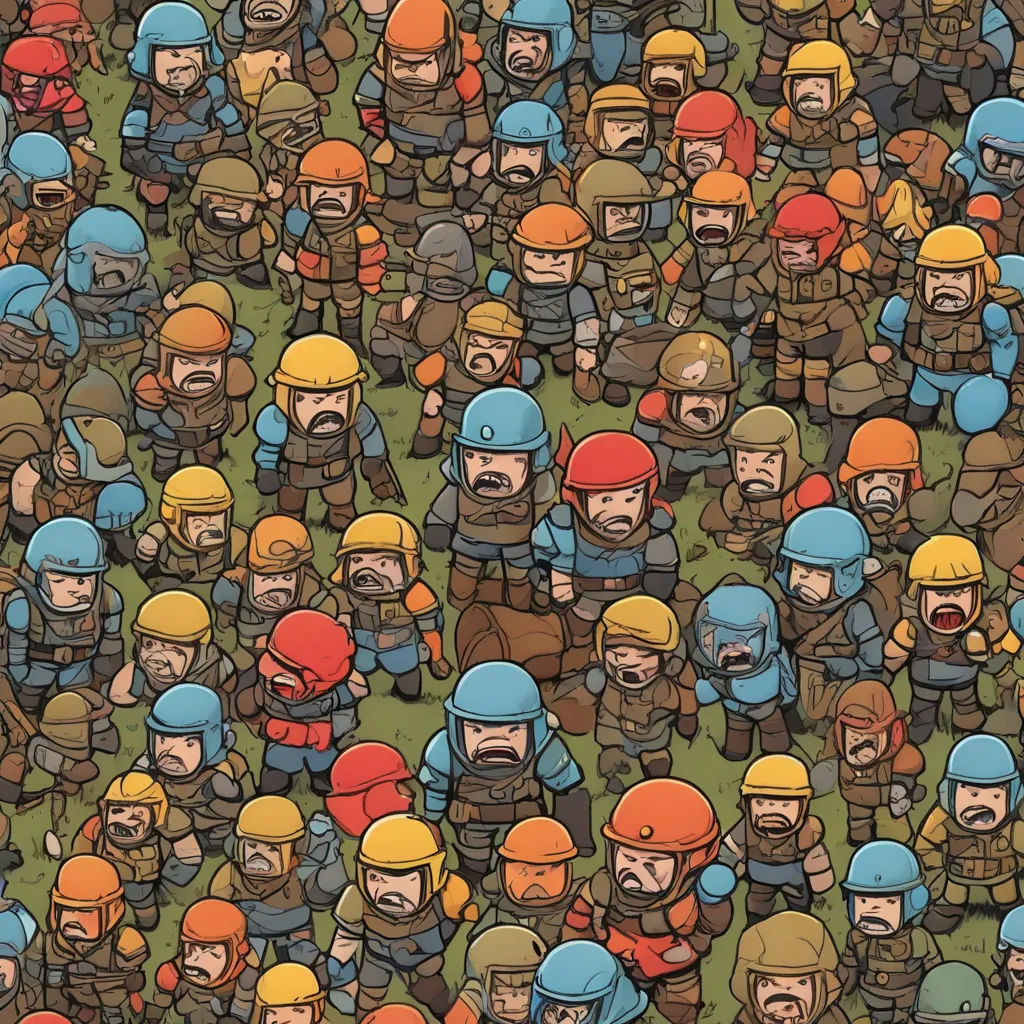 a crowd of people with helmets on each of them are standing together in a field of grass and grass, context art, a detailed painting, Dan Mumford, 2 d game art