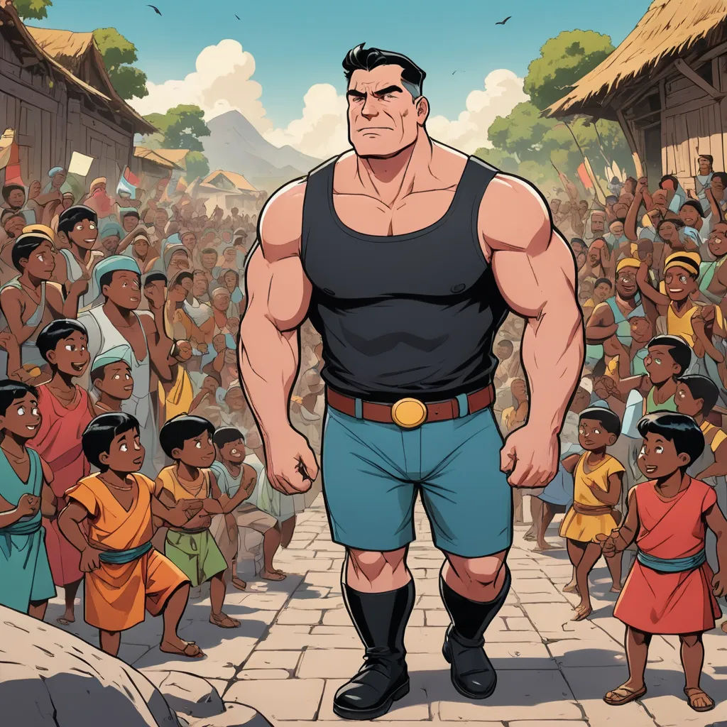 a cartoon of a man standing in front of a crowd of people with a huge body and a huge smile, lyco art, a storybook illustration, Altoon Sultan, official art