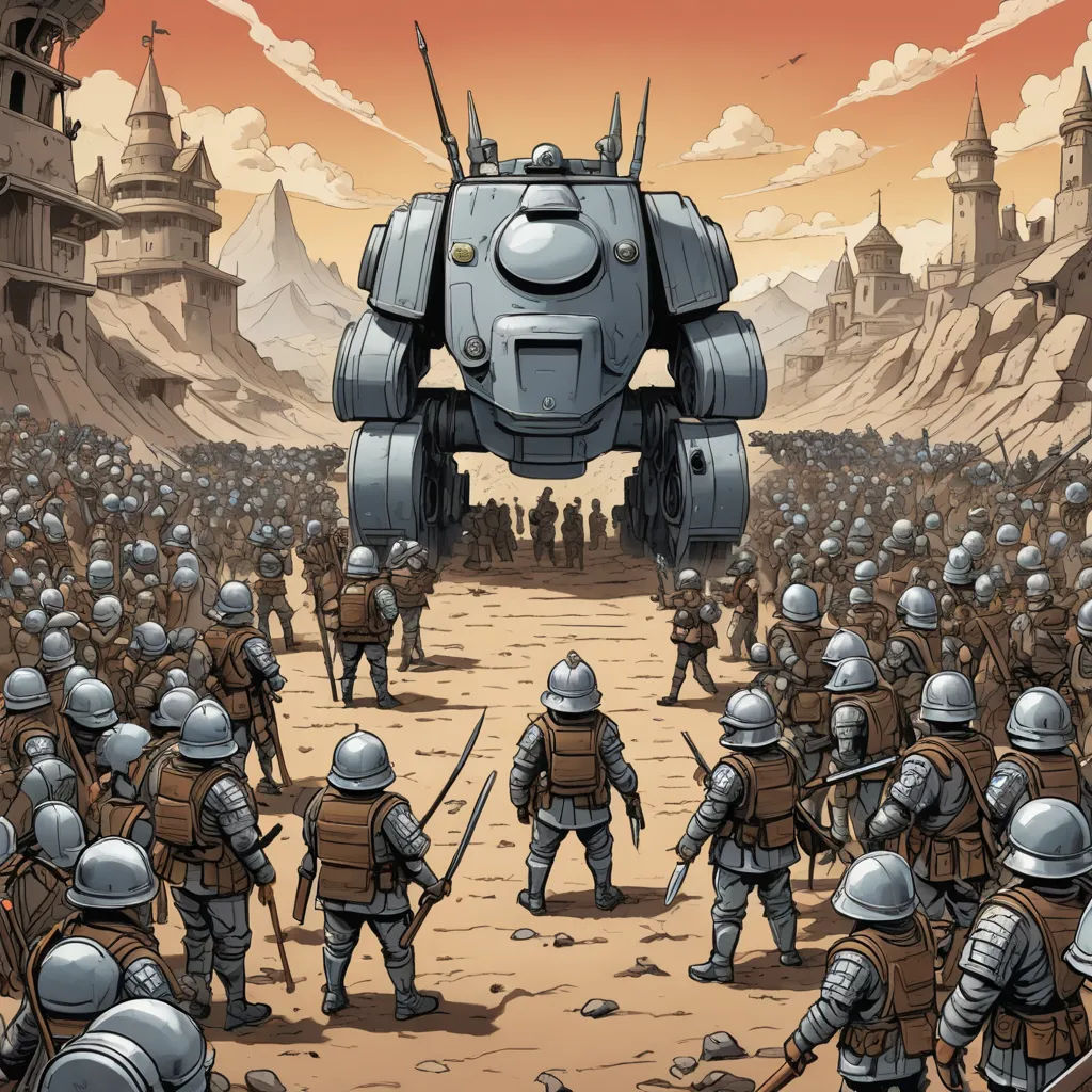 a group of people standing in front of a giant robot in a desert area with a sky background and a giant robot in the middle, afrofuturism, a comic book panel, Farel Dalrymple, comic cover art