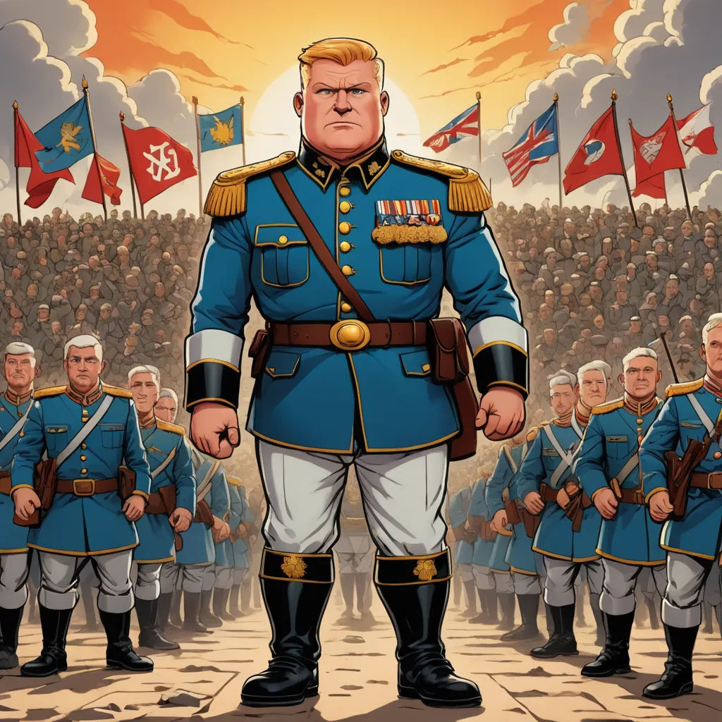a cartoon of a man in a military uniform standing in front of a group of men in uniform and holding flags, socialist realism, a character portrait, Erlund Hudson, official art