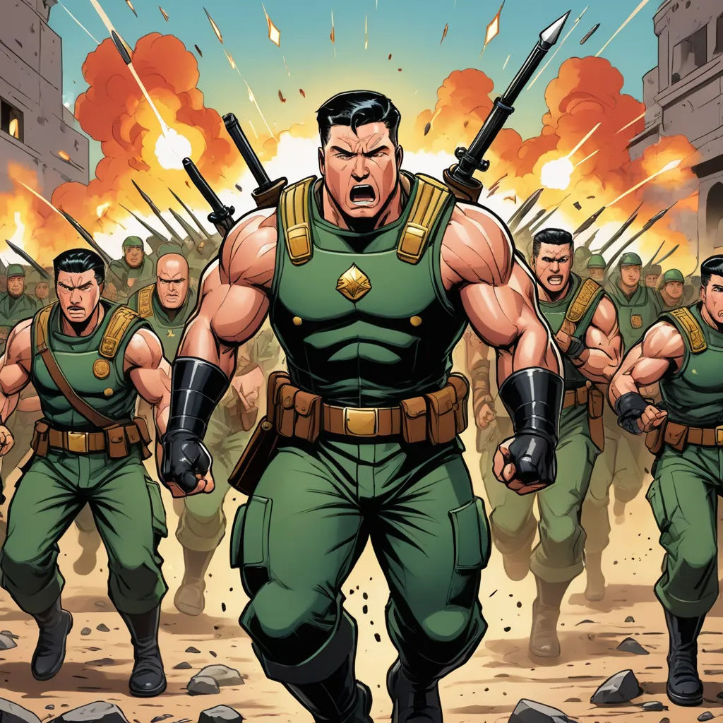 a cartoon of a man with guns in front of a group of soldiers in a city street with a sky background, antipodeans, a comic book panel, Benjamin Marra, yukito kishiro