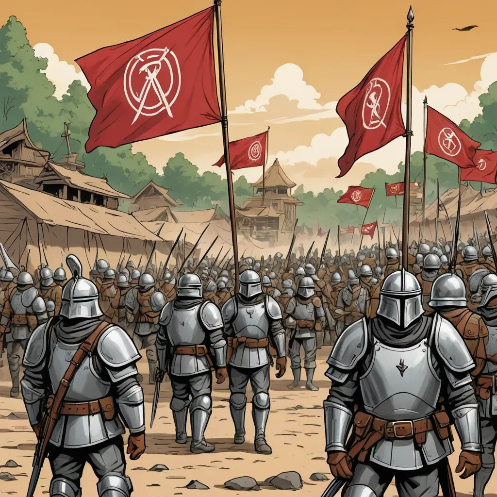 a group of knights walking through a field with flags in hand and a flag in the air above them, antipodeans, concept art, Cedric Seaut (Keos Masons), graphic novel