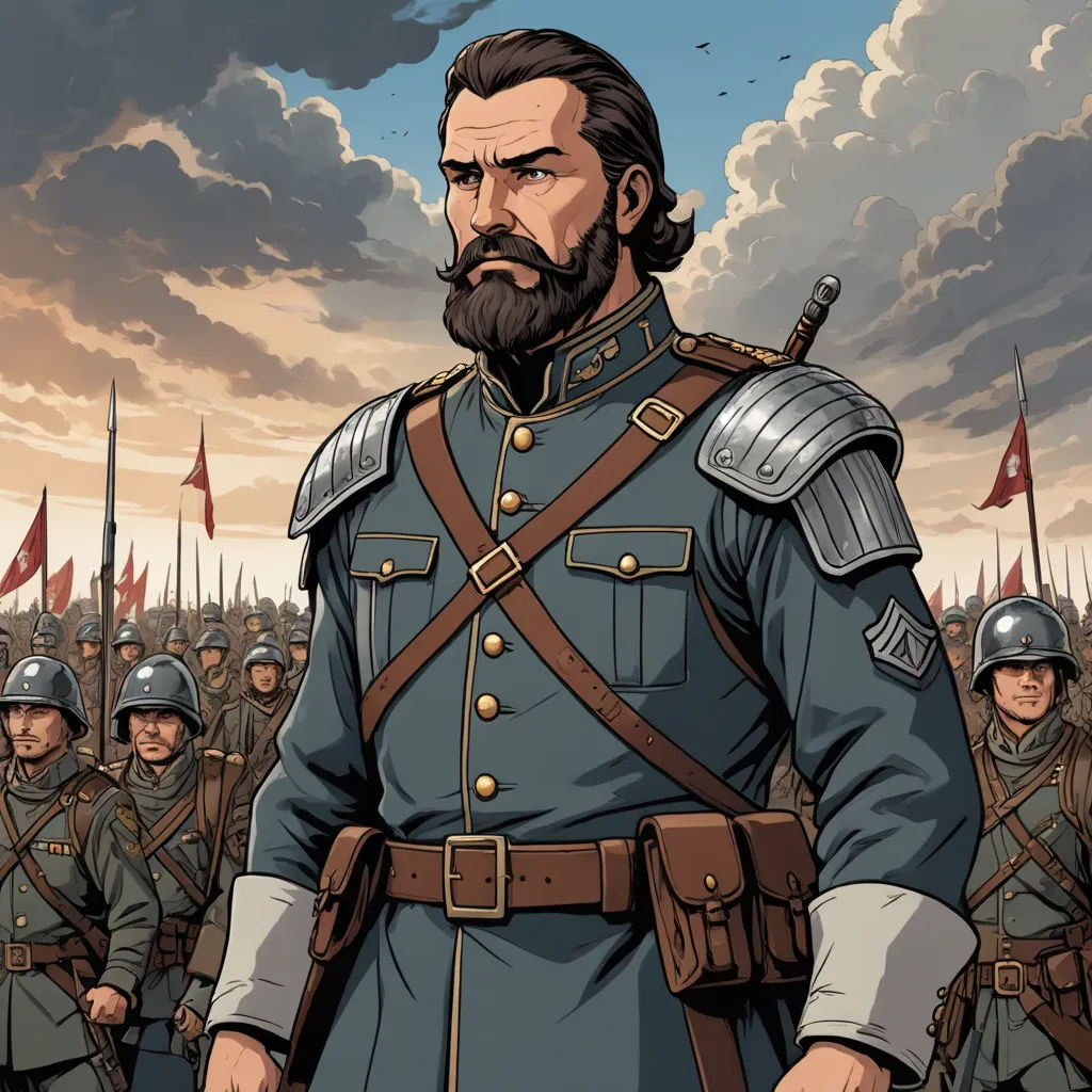 a cartoon of a man in a uniform standing in front of a group of soldiers with flags in the background, sots art, a character portrait, Diego Gisbert Llorens, official art