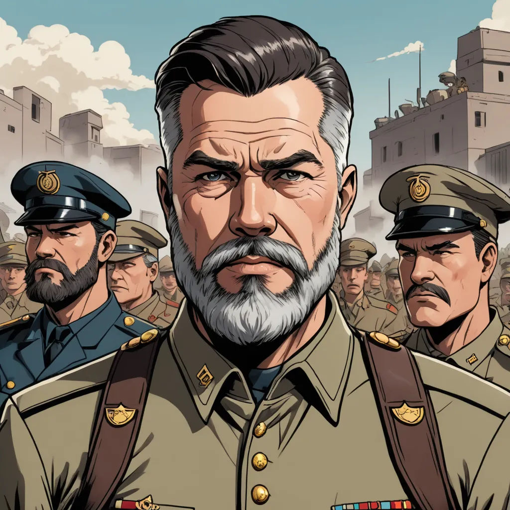 a man with a beard and mustache standing in front of a group of soldiers in uniform, with a city in the background, serial art, a character portrait, Diego Gisbert Llorens, graphic novel