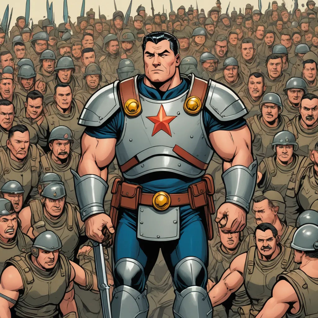a cartoon of a man standing in front of a large group of men in military uniforms with a star on his chest, antipodeans, a comic book panel, Benjamin Marra, comic cover art