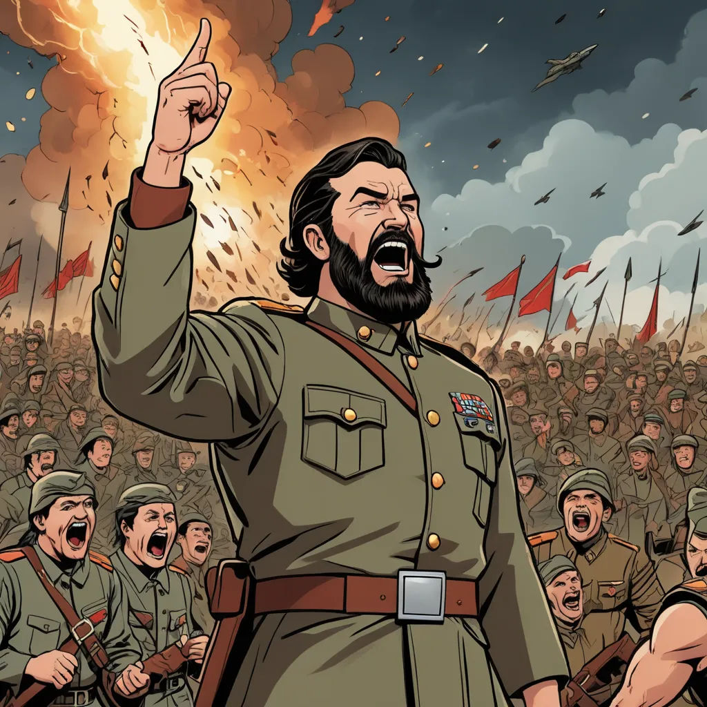 a cartoon of a man in a military uniform with a lot of people in the background and a fire in the air, socialist realism, a comic book panel, Diego Gisbert Llorens, graphic novel