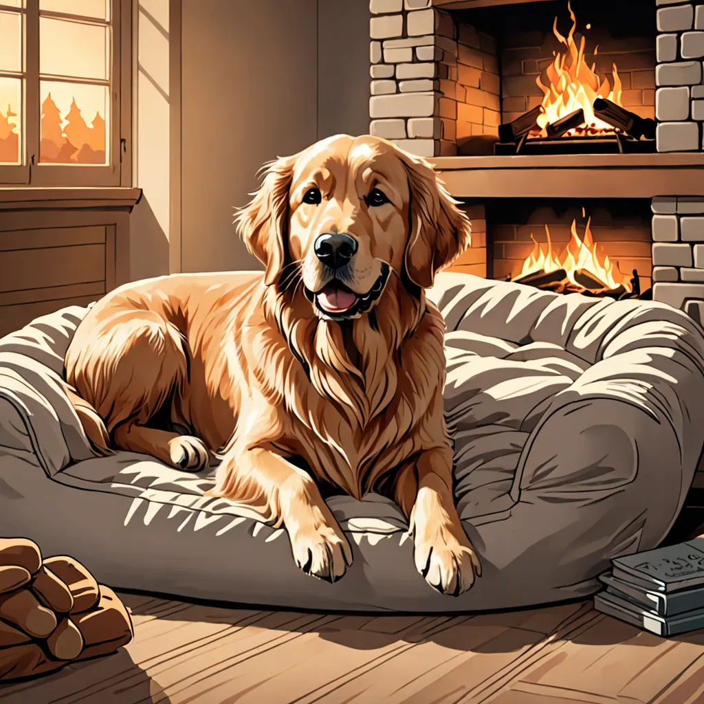 a dog is laying on a dog bed in front of a fireplace with a book on the floor and a remote control, furry art, a storybook illustration, Dan Mumford, highly detailed digital painting